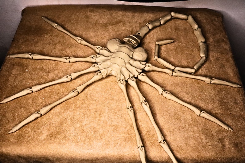 May include: A detailed model of an alien creature with a segmented body and eight long, jointed legs. The creature is made of a light beige material and is posed on a brown surface.