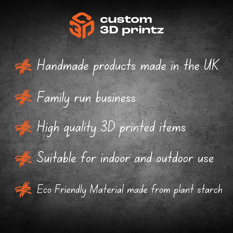 May include: Image features the Custom 3D Printz logo and text on a dark gray background. Text highlights handmade products made in the UK, a family-run business, high-quality 3D printed items, suitable for indoor and outdoor use, and eco-friendly material.