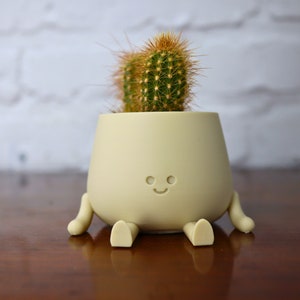 Puede incluir: Una maceta de cer&aacute;mica de color amarillo claro con una cara sonriente y cuatro patas. La maceta contiene un peque&ntilde;o cactus con agujas verdes y espinas marrones.