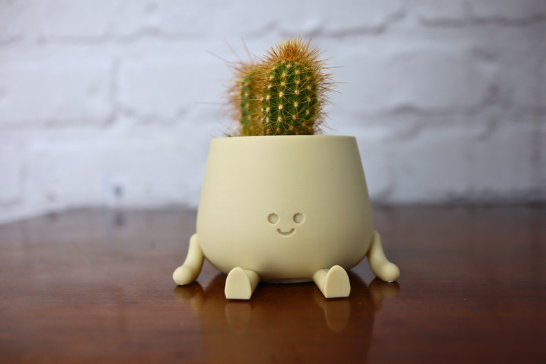 Puede incluir: Una maceta de cer&aacute;mica de color amarillo claro con una cara sonriente y cuatro patas. La maceta contiene un peque&ntilde;o cactus con agujas verdes y espinas marrones.