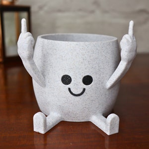 May include: A white ceramic planter shaped like a person with two arms raised in a middle finger gesture. The planter has a smiling face with black eyes and a black mouth.