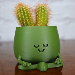 Puede incluir: Una maceta de cer&aacute;mica verde con forma de figura meditando con dos cactus creciendo dentro. La maceta tiene una cara sonriente y los ojos cerrados.