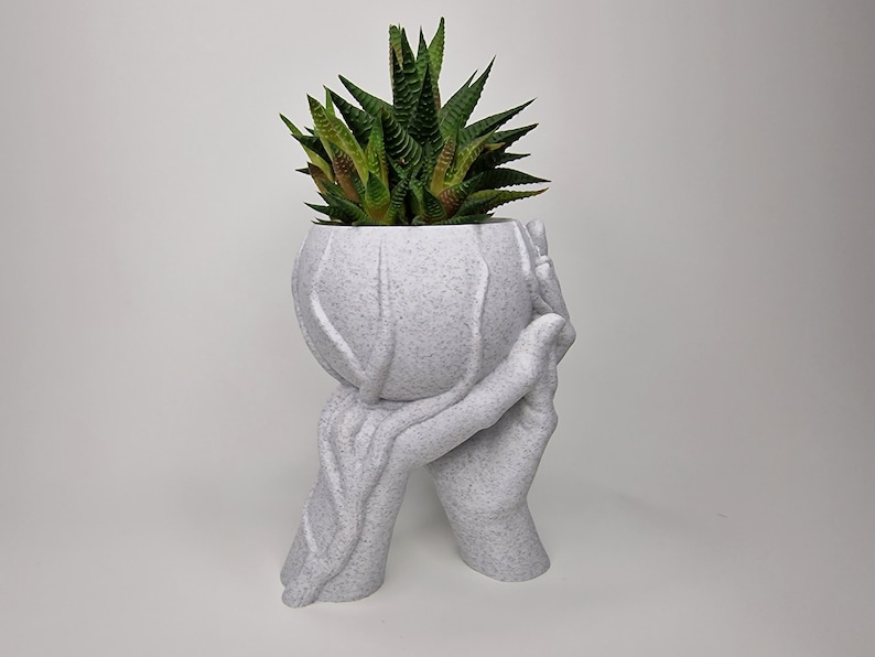 Puede incluir: Macetero de cer&aacute;mica blanca con forma de dos manos sosteniendo una maceta redonda con una planta suculenta verde.