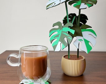 3D Printed Monstera Plant Coaster Set: Tropical Home Decor