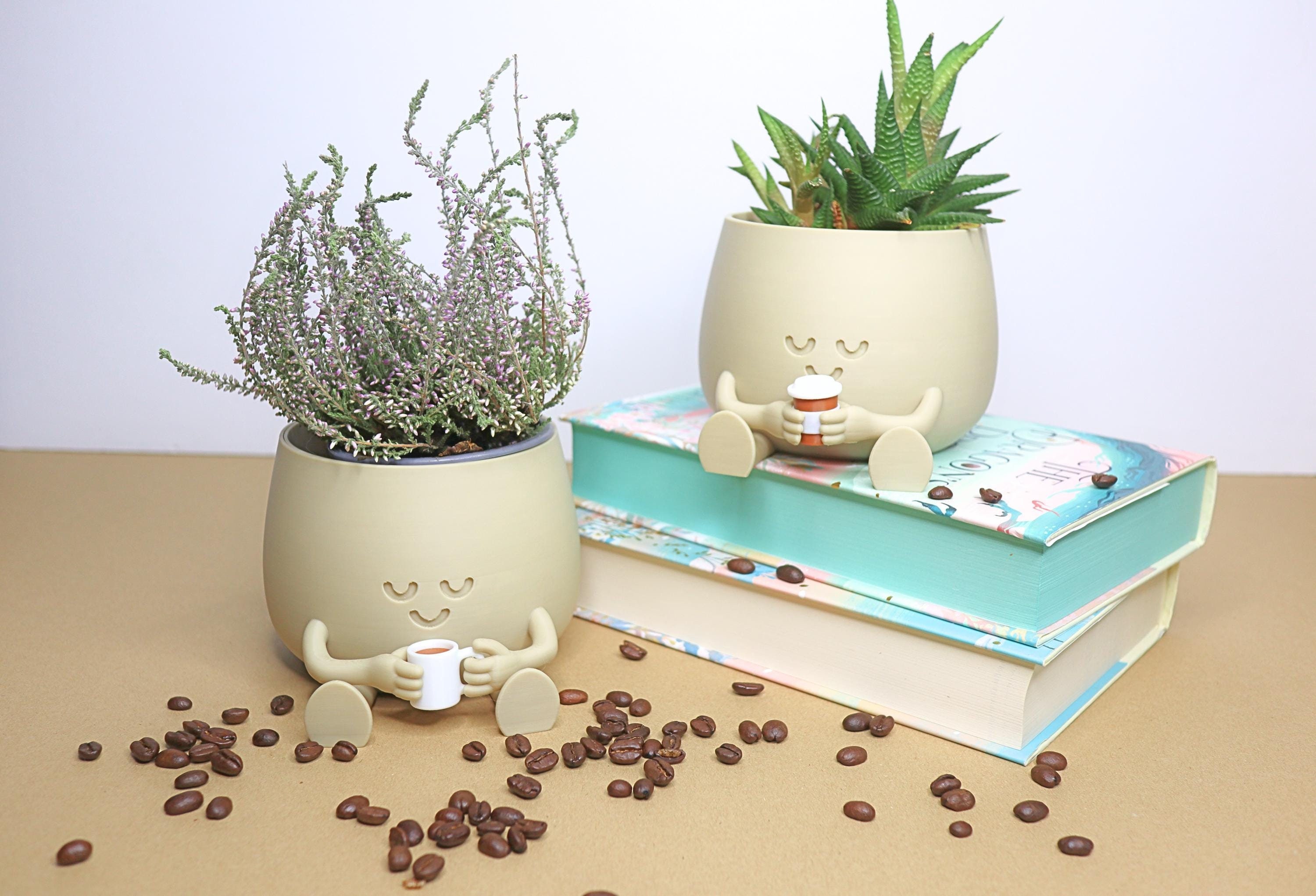 Official Happy Face Planter - Coffee buddy- Cozy little plant pot holding a coffee mug. cute coffee lover gift smiley face pot with accesory