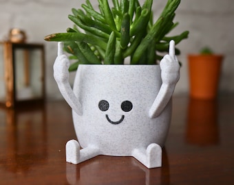 Official Happy Face Planter - middle finger joke pot -Cute little planter for succulents, cacti or other small plants, funny, joke and silly