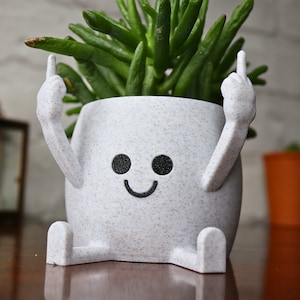 May include: White ceramic planter shaped like a person with arms raised and a smiling face. The planter has a speckled texture and is holding a green succulent plant.