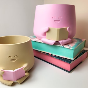 Puede incluir: Dos macetas de cer&aacute;mica con forma de caras sonrientes, cada una sosteniendo un libro. La maceta de la izquierda es beige y la maceta de la derecha es rosa. Las macetas est&aacute;n sobre una pila de tres libros.