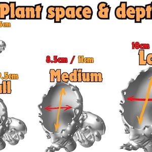 May include: Diagram showing plant space and depth requirements for different sized plants. The diagram shows three different sizes of plants: mini, small, and medium. The mini plant is 5 cm wide and 6.5 cm deep. The small plant is 7 cm wide and 9.5 cm deep. The medium plant is 8.5 cm wide and 11 cm deep. The large plant is 10 cm wide and 13 cm deep.