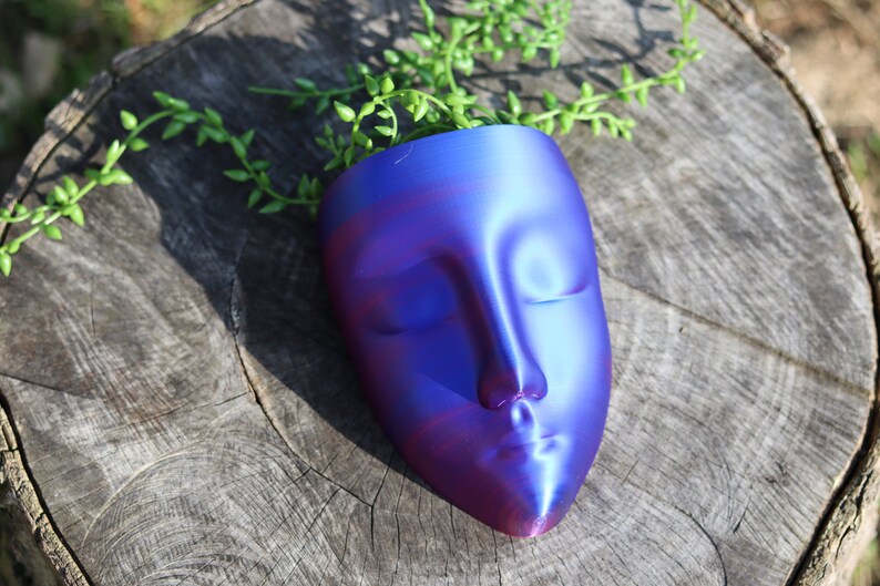 May include: A blue and purple face-shaped planter with a plant growing out of the top. The planter is made of ceramic and has a smooth, glossy finish.