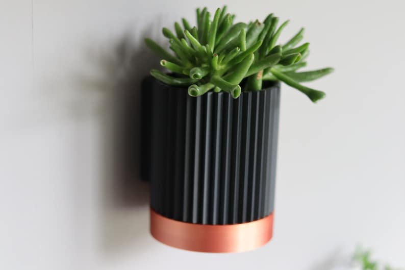 May include: A black and copper wall planter with a succulent plant. The planter has a ribbed design and a copper band around the bottom.