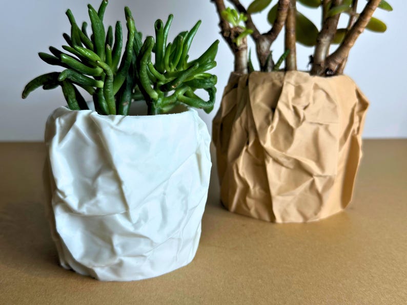 May include: Two white and brown ceramic planters with a crumpled paper texture. The white planter has a green succulent plant growing inside. The brown planter has a leafy green plant growing inside.