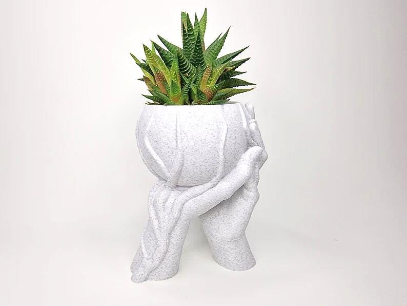 Puede incluir: Macetero de cer&aacute;mica blanca con forma de dos manos sosteniendo una maceta con una planta suculenta.
