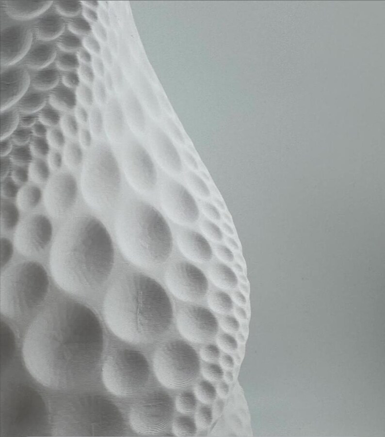 May include: A close-up of a white, textured object with a pattern of rounded, bubble-like shapes. The object has a smooth, curved surface and is set against a light gray background. The design creates a sense of depth and dimension.