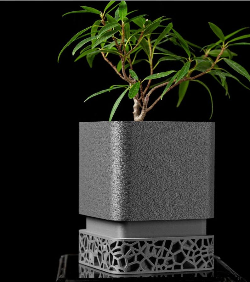 May include: A small green plant with long leaves in a textured gray square planter. The planter sits on a gray base with a decorative geometric pattern. The background is black.