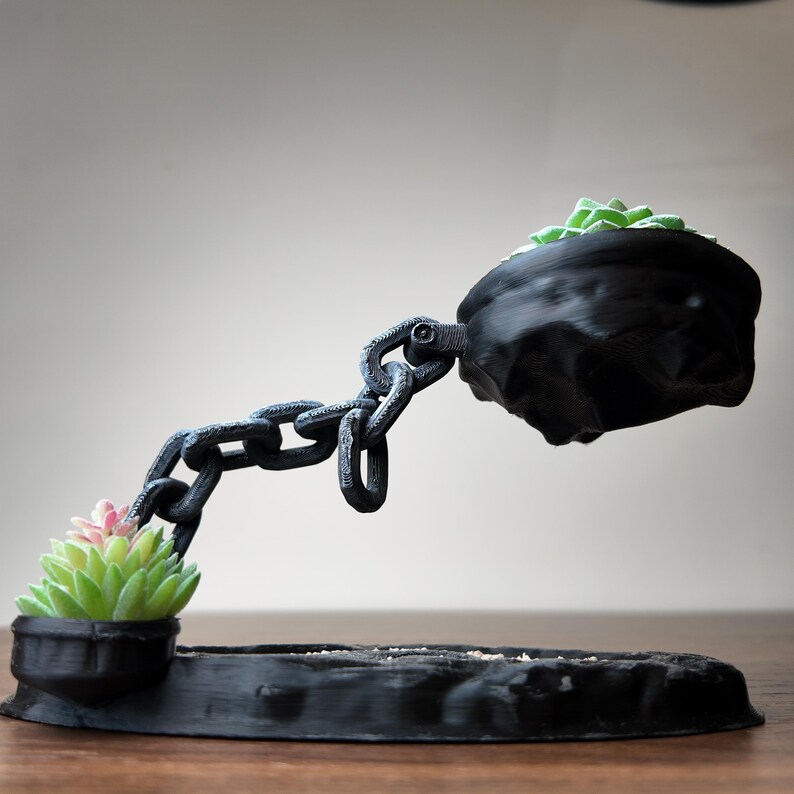 May include: A black, 3D-printed planter with a chain design. The planter holds a small succulent with green and pink leaves. A large, black rock-like structure is suspended by the chain. The base of the planter is a dark, rectangular shape.
