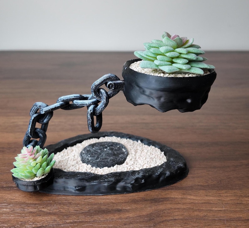 May include: A distinctive black planter featuring a chain design, supporting two small succulent plants. The base is round with a central stone and small succulent. The chain supports a second planter with a larger succulent. A decorative piece for plants.