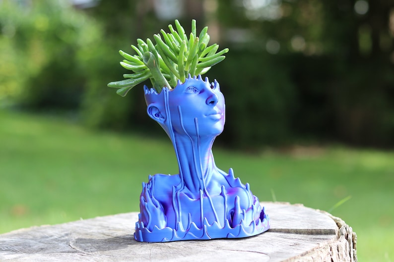 May include: A blue decorative planter shaped like a human head and neck, with a succulent plant sprouting from the top. The planter has a textured surface and a purple hue in some areas. The planter is sitting on a wooden surface.