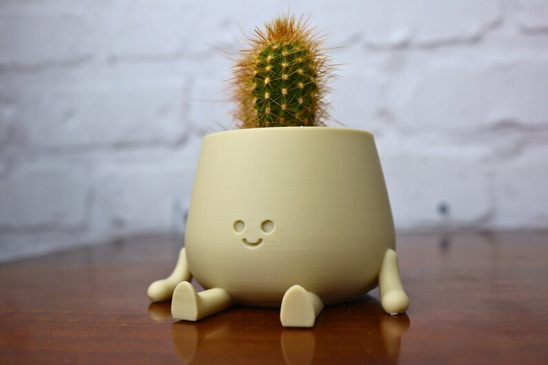 Puede incluir: Una maceta de cer&aacute;mica beige claro con una cara sonriente y peque&ntilde;as patas, sosteniendo un peque&ntilde;o cactus con espinas verdes y marrones.