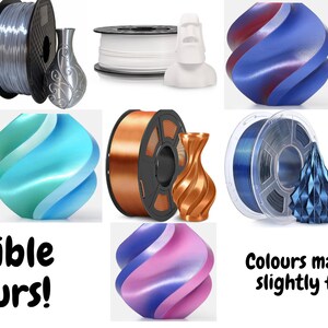 May include: A variety of 3D printing filament colors, including orange, gray, teal, copper, blue, red, black, and pink. The filament is shown in spools and as printed objects. "Available Colors!" is written in the image. "Colors may vary very slightly from photos" is also written in the image.