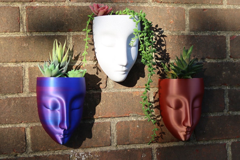 May include: Three wall-mounted planters shaped like faces, each with a different colour: white, purple, and brown. Each planter has a succulent plant growing inside.