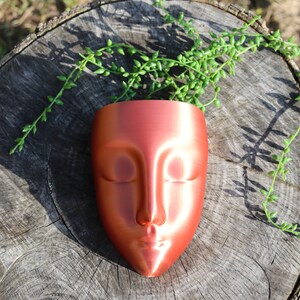 May include: A copper-coloured face-shaped planter with a small green plant growing inside. The planter is sitting on a tree stump.