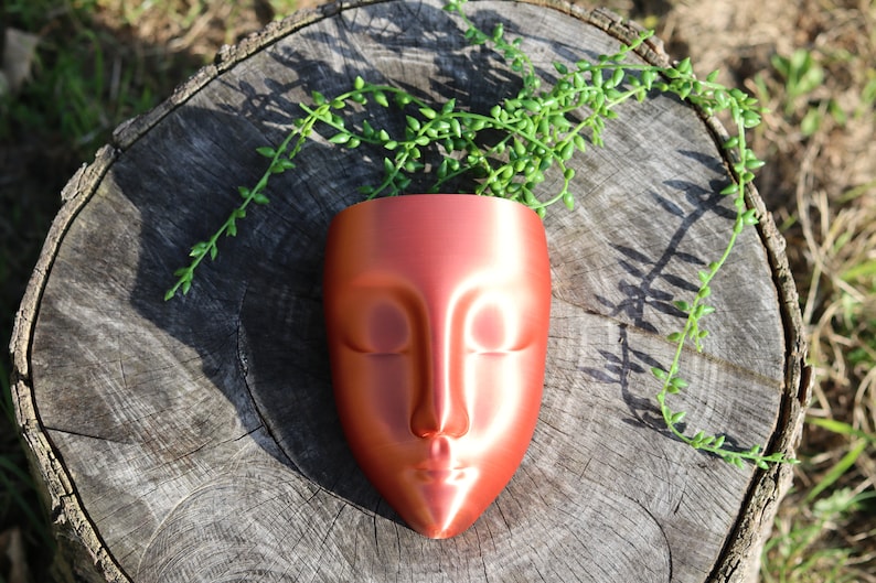 May include: A copper-coloured face-shaped planter with a small green plant growing inside. The planter is sitting on a tree stump.