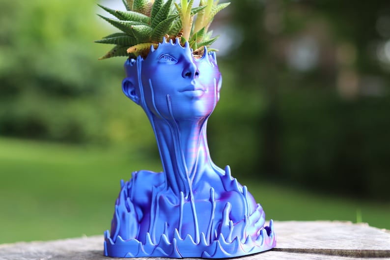 May include: A blue and purple decorative planter shaped like a human head and neck. The planter is filled with a green succulent plant. The head has detailed facial features and a textured surface. The planter is sitting on a wooden surface.