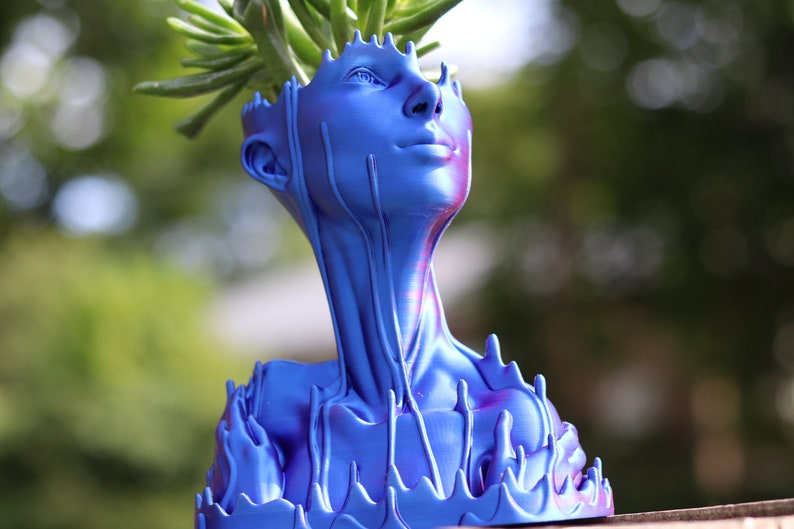 May include: A blue decorative planter shaped like a human head and shoulders. The planter has a smooth finish with a detailed face and neck. Green succulent plants are growing from the top of the head. The background is blurred.