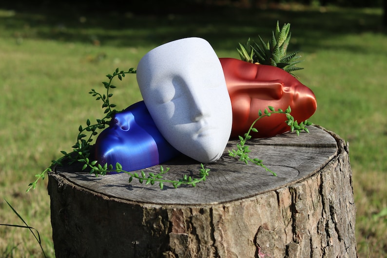 May include: Three ceramic planters shaped like faces, one white, one red, and one blue, are arranged on a tree stump. The red planter has a succulent plant growing in it.