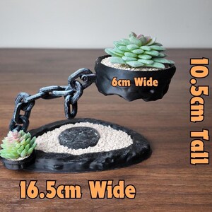 May include: A black decorative planter with a chain design, holding two small succulents. The planter is 16.5cm wide and 10.5cm tall. The top planter is 6cm wide. The succulents have green and pink leaves, set against a neutral background.