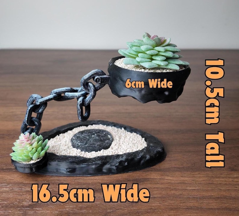 May include: A black decorative planter with a chain design, holding two small succulents. The planter is 16.5cm wide and 10.5cm tall. The top planter is 6cm wide. The succulents have green and pink leaves, set against a neutral background.
