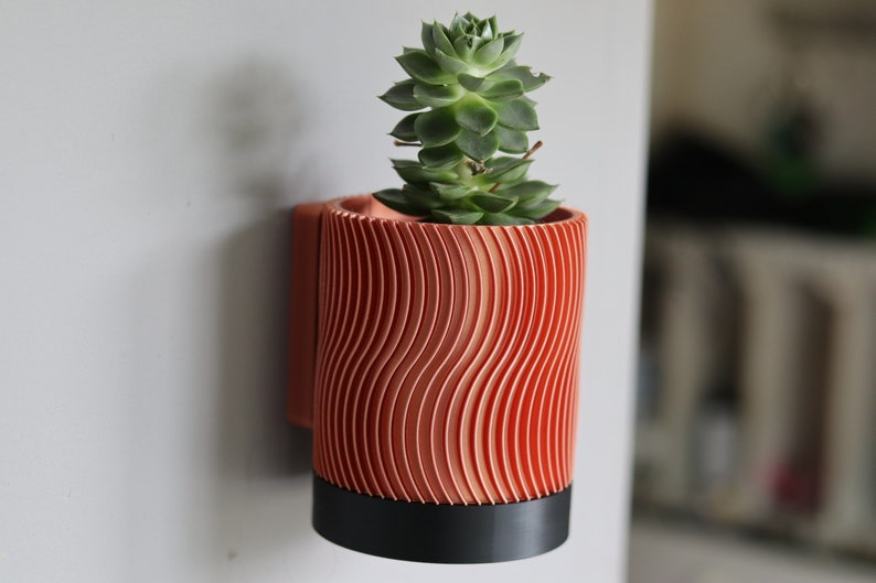 May include: A terracotta-colored wall planter with a wavy pattern and a black base. A small succulent plant is growing in the planter.