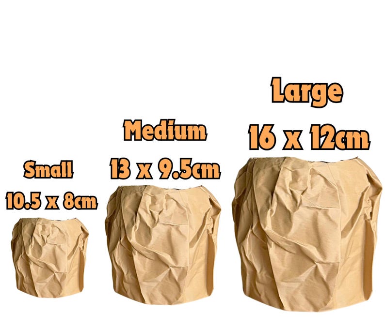 May include: Three brown paper bags of different sizes. The bags are labeled "Small 10.5 x 8cm", "Medium 13 x 9.5cm", and "Large 16 x 12cm".