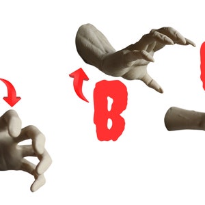 May include: Three white plaster hands in different poses, labeled A, B, and C. The hands are posed as if they are reaching out or grabbing something.