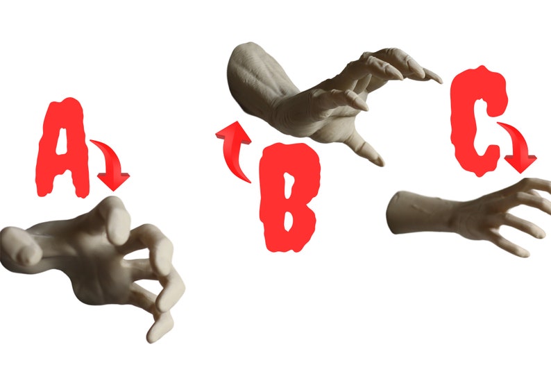 May include: Three white plaster hands in different poses, labeled A, B, and C. The hands are posed as if they are reaching out or grabbing something.
