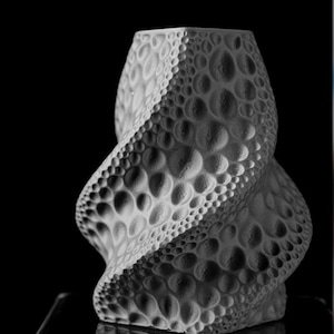 May include: A grayscale, textured vase with a unique, swirling design. The surface is covered in a pattern of raised, rounded shapes, creating a tactile and visually interesting piece. The vase has a modern, artistic aesthetic.