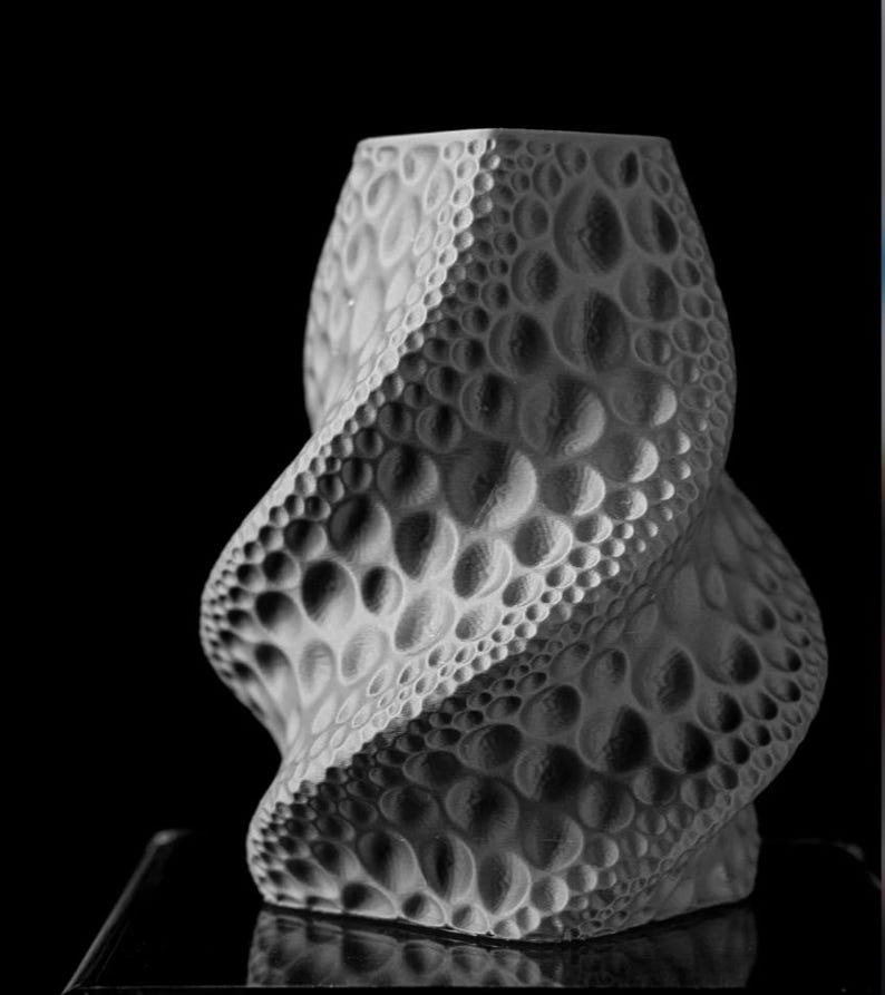 May include: A grayscale, textured vase with a unique, swirling design. The surface is covered in a pattern of raised, rounded shapes, creating a tactile and visually interesting piece. The vase has a modern, artistic aesthetic.