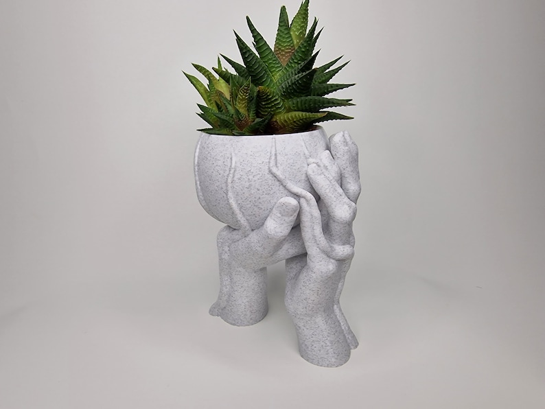 Puede incluir: Macetero de cer&aacute;mica blanca con forma de dos manos sosteniendo una maceta redonda con una planta suculenta en su interior.