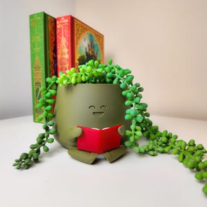 Puede incluir: Un macetero de cer&aacute;mica verde con forma de persona sentada con un libro rojo en sus manos. El macetero tiene una cara sonriente y est&aacute; lleno de una planta suculenta verde.
