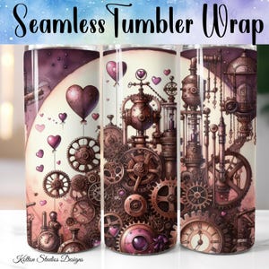 May include: A seamless tumbler wrap design featuring a steampunk-inspired illustration of gears, cogs, and a clock face. The design is set against a background of pink and purple watercolor washes and includes heart-shaped balloons.