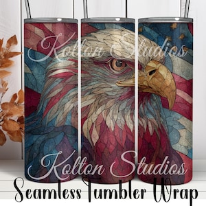 Patriotic Stained-Glass inspired Red White Blue Eagle 20 oz Digital Seamless Sublimation Tumbler Wrap, American Flag, Bald Eagle, USA Pride