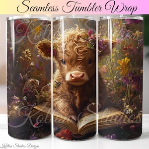 Cute Highland Cow Reading Book Digital Tumbler Wrap, Floral Pastel Art Tumbler Wrap, 20 oz Digital Seamless Sublimation Tumber Wrap