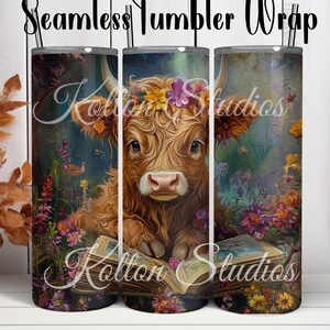 Whimsical Floral Highland Cow Reading a Book, 20 oz Digital Seamless Sublimation Tumbler Wrap, High Quality Artistic Cow Wrap, Trendy Gift