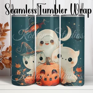 Uroczy Kawaii Duch i Dynia 20 oz Cyfrowy Bezszwowy Sublimacyjny Kubek Wrap, Projekt Halloween, Straszny Sezon, Projekt Kawaii, Duchy Boos