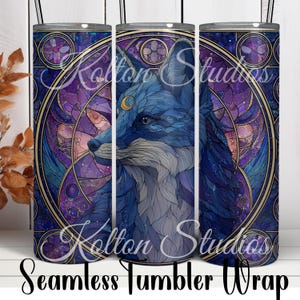 Stained-Glass design Purple Blue Fox and Moon 20 oz Digital Seamless Sublimation Tumbler Wrap, Animal Lover, Mosiac Fox Design, Celestial