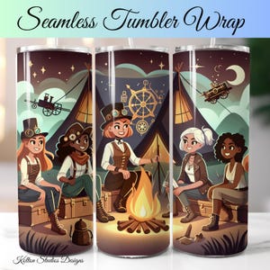 Noche de chicas steampunk, fogata, diseño de tienda de campaña, amigos aventureros, cielo estrellado, envoltura para vaso de sublimación digital sin costuras de 20 oz