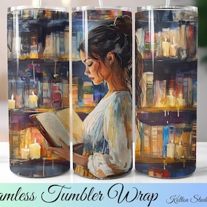 Watercolor Girl Reading Books Tumbler Wrap, Teacher, Student Woman, Book Lover, Candlelit Library 20oz Digital Seamless Sublimation Download