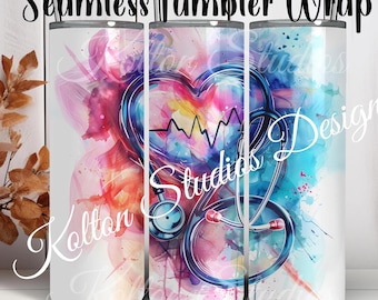 Watercolor Stethoscope Heartbeat 20oz Digital Seamless Sublimation Tumbler Wrap, Watercolor Nurse Doctor Graduation, Medical Tumbler