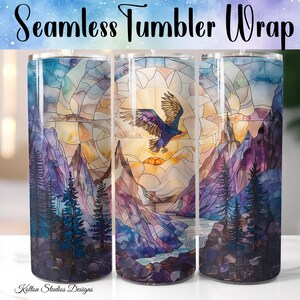 Stained Glass Eagle Flying Mountain Digital Tumbler Wrap, Colorful Mountains, Sunrise Sunset, 20oz Digital Seamless Sublimation Tumbler Wrap